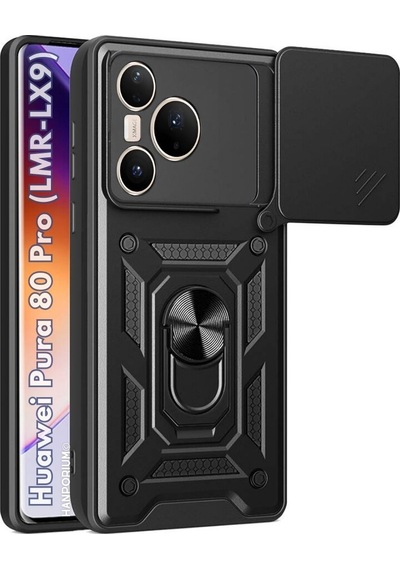 Huawei Pura 80 Pro Uyumlu Tank Kılıf - Yüzüklü Standlı Extra Koruma Zırhlı Outdoor Kapak-siyah Siyah