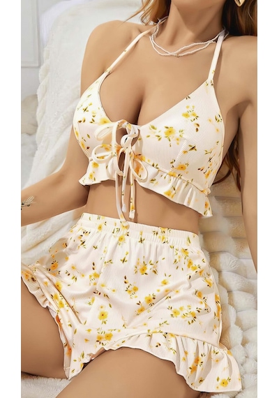 Findit Kadın Çiçekli Ekru Askılı Şortlu Pijama Takım 5017 Ekru
