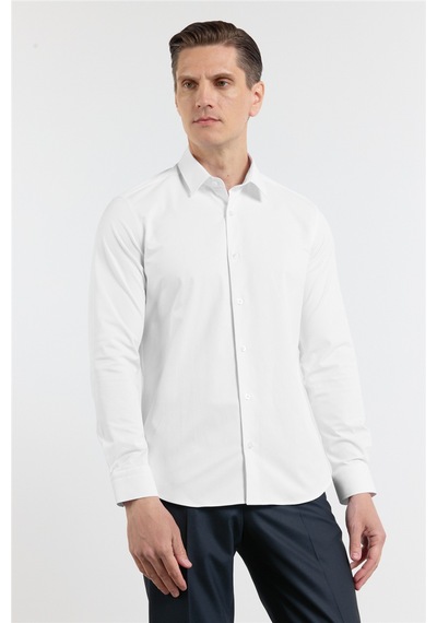 İmza Beyaz Kendinden Desenli Sert Yaka Uzun Kol Cepsiz Slim Fit Pamuklu Gömlek 1004255230