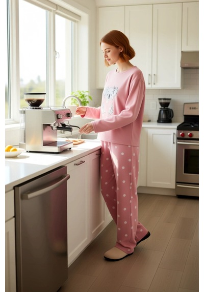 Ersefa Kız Çocuk Puantiyeli Polar Pijama Sevimli Koala Baskılı Fonksiyon Gül kurusu