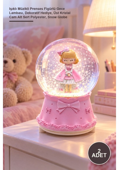 2 Adet Orta Boy Kar Küresi Işıklı Müzikli Prenses Figürlü Gece Lambası, Dekoratif Hediye, Üst Kristal Cam Alt Sert Polyester, Snow Globe