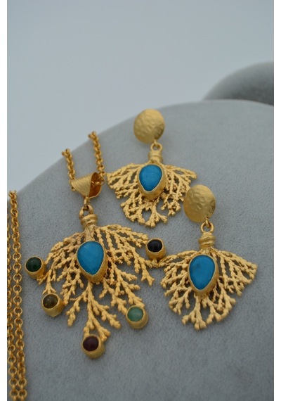 Stoneagejewellery Stoneage Altın Kaplama Bayan Kolye Turkuaz Ve Yeşim Taşlı Altın