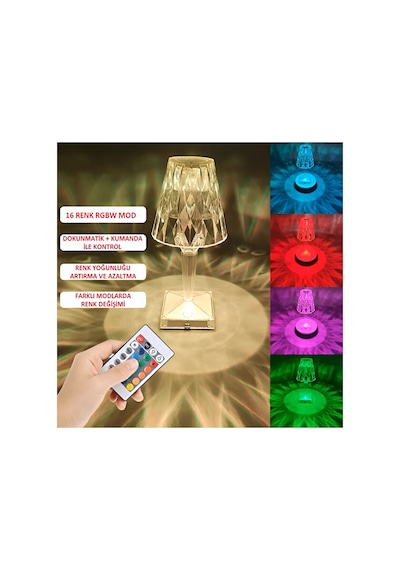 Kristal Işıklı Lamba Şarjlı Dokunmatik Rgb'li Masaüstü Set Kumandalı Usb'li Abajur Hediyelik Eşya