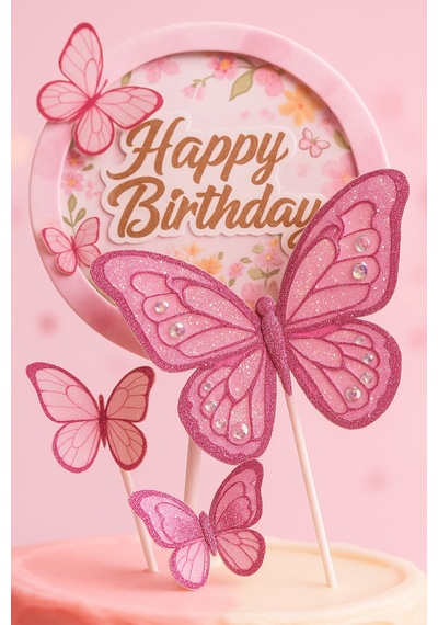 Pembe Kelebekli Pasta Süsü 2 Li Set Simli Happy Birthday Tasarım Doğum Günü Dekoru