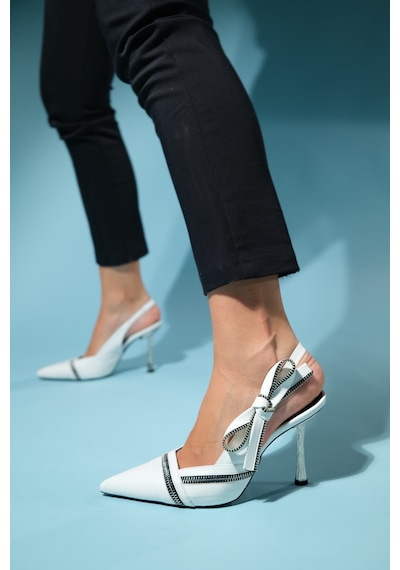 Luvishoes Glen Beyaz Cilt Fermuar Detaylı Kadın Yüksek Topuklu Ayakkabı Beyaz