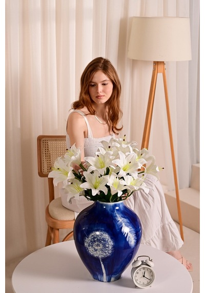 Beyaz Yapay Lilyum Çiçeği 9 Dallı Premium Canlı Islak Dokulu 55 Cm
