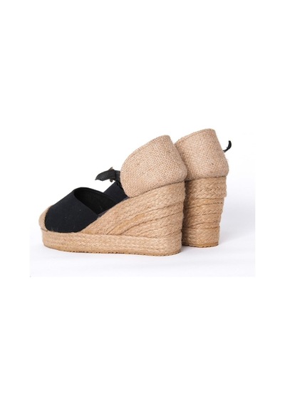 Star Tombis Gerçek Elişi Burnu Hasır Platformlu Dolgu Topuk Siyah Keten Hasır Espadril Handmade Siyah