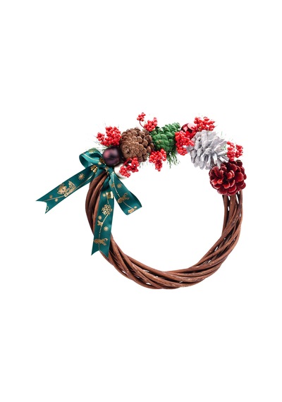 Yılbaşı Kırmızı Naturel Kapı Süsü Çelenk 25 Cm
