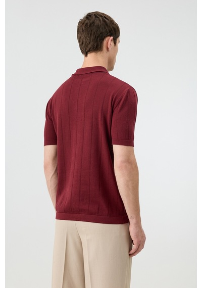 Antioch Fermuar Yaka Çizgili Triko Erkek T-shirt Koyu Bordo