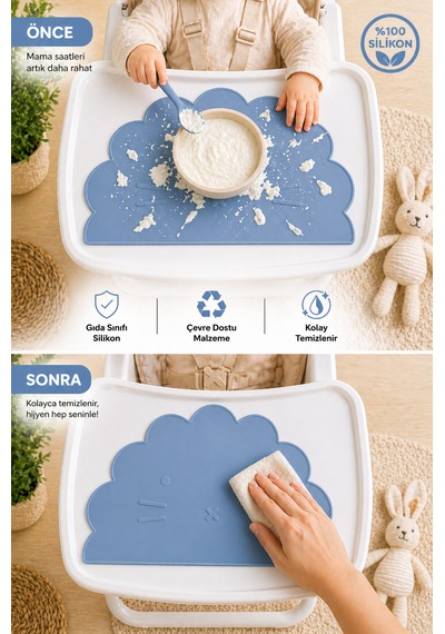 Siliconly %100 Silikon Bebek Beslenme Matı Kolay Temizlenebilir Mama Altlığı Mavi