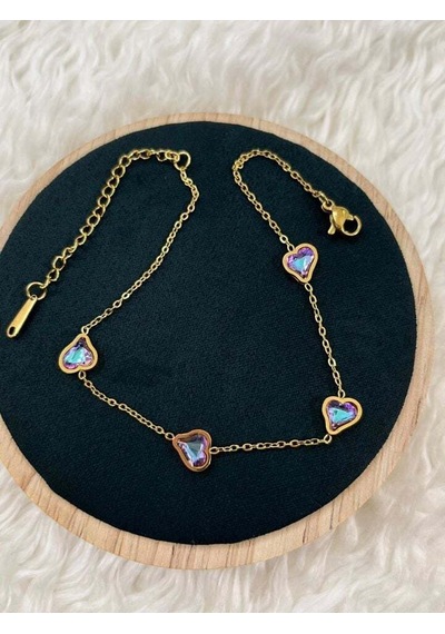 Premium Gold Renk 316l Çelik Renkli Taşlı Kalp Detaylı Şık Ve Parlak Halhal 25cm Altın