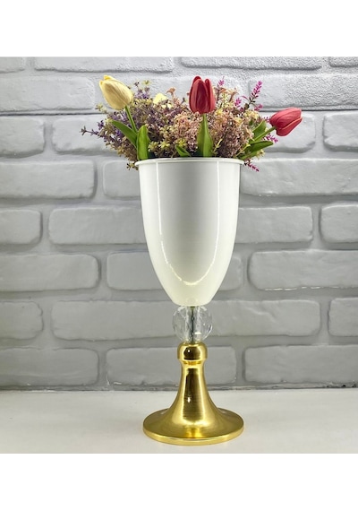 Modern Dekoratif Gold Yüksek Ayaklı Kristal Taşlı Beyaz Vazo Altın - Beyaz