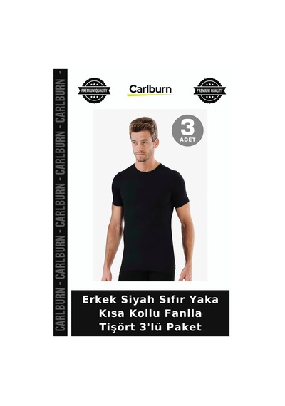 Carlburn Erkek Siyah Sıfır Yaka Kısa Kollu Fanila Tişört 3'lü Paket Hediyelik Yazlık Bluz Temel Parça