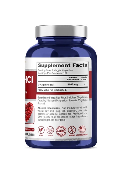 L-arginine 1000 Mg 200 Veggie Capsules Non-gmo, Vegetarian, Vegan