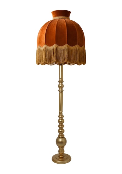 Gold Saçaklı Kiremit Renk Kadife Başlık Gold Ahşap Ayaklı Klasik Lambader 170x50cm