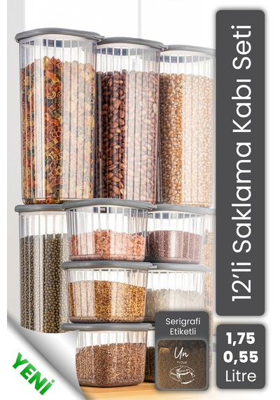 Vienev Etketli Poly Kapak 6 x 0.55 L + 6 x 1.75 L Saklama Kabı Antrasit - Beyaz 12'li Antrasit - Beyaz