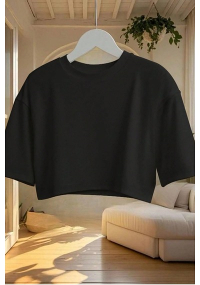 Kadın Siyah Bisiklet Yaka Oversize Crop Tişört - %100 Pamuklu Basic Kısa Kol Siyah Kadın Siyah Bisiklet Yaka Oversize Crop Tişört - %100 Pamuklu Basic Kısa Kol Siyah