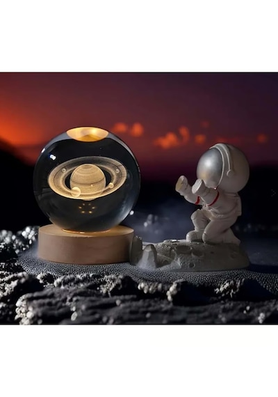 Mobgift Satürn Temalı Geniş Gezegen Ahşap Alt Usb'li Cam Küre Şeffaf