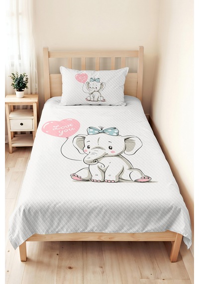 Evimde Bambaşka Pembe Fil Kız Çocuk Pike Takımı - Sevimli Gri Bebek Odası Mevsimlik Yatak Örtüsü - 160x220  CM