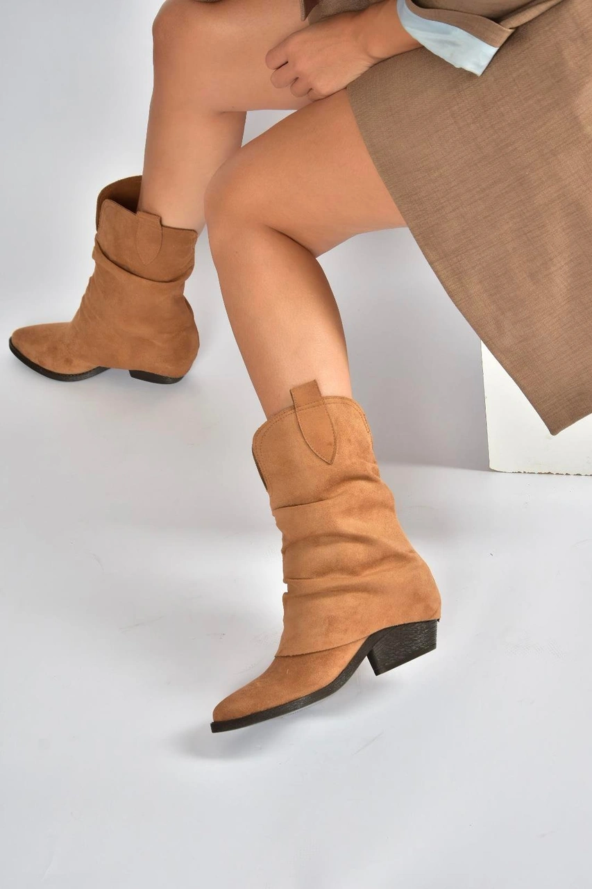 Fox Shoes V404041002 Taba Süet Kalın Topuklu Kadın Bot Taba-Süet