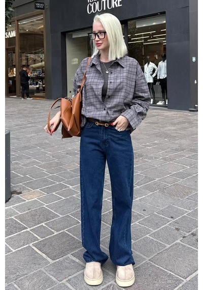 Madmext Gri Oversize Ekose Desenli Kadın Gömlek Mg2589 Gri