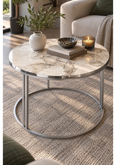 Sulorahome Efes Beyaz Mermer Desenli Yuvarlak Orta Sehpa 70 Cm