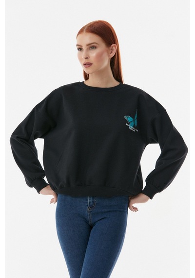 Fullamoda Kelebek Baskılı Oversize Sweatshirt- Siyah 24KGB890189618-Siyah