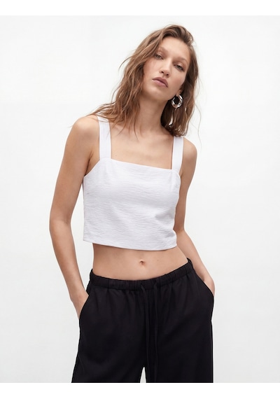 Koton Kare Yaka Düğme Detaylı Kalın Askılı Keten Karışımlı Crop Bluz Beyaz 6sak30103uw