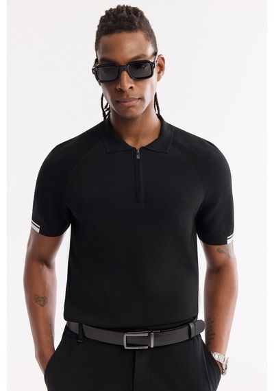 Avva Erkek Siyah Polo Yaka Fermuarlı Rayon Karışımlı Regular Fit Triko T-shirt A61y5009
