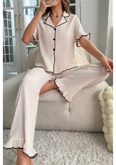 Bella Notte Bej Kısa Kollu Düğmeli Mevsimlik Pijama Takımı