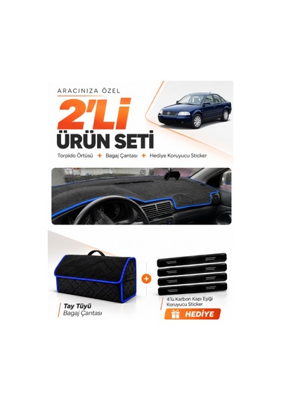 E-biz Volkswagen Passat B5.5 2000-2005 Uyumlu Torpido Örtüsü + Tay Tüyü Çanta - Siyah-mavi - Vw015