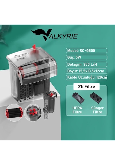 Valkyrie Askılı Akvaryum Şelale Filtre 5w 350 L/h Ayarlanabilir Debi Yüzey Temizleyici