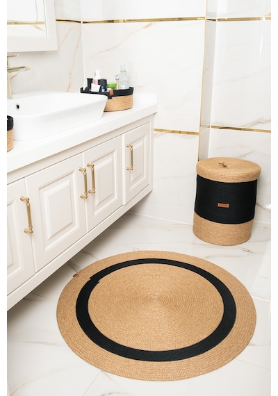 Kaan Home 3'lü Takım Banyo Paspası , Kirli Çamaşır Sepeti , Banyo Sepeti Banyo Takımı Bej-siyah