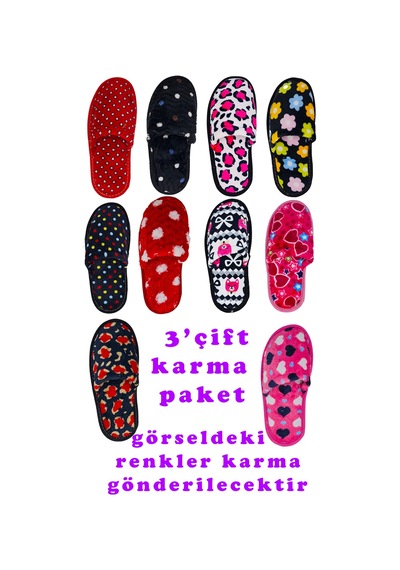 Stwenn 3 Lü Avantajlı Paket Kışlık Peluş Desenli Sessiz Ortopedik Taban Çeyiz Misafir Ev Terliği Set 3'lü Kadın Çanak