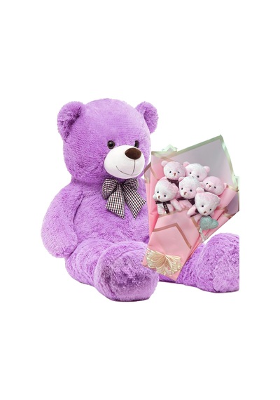 Sevimli 90 Cm Peluş Ayı İle Pembe Konsept Romantik Peluş Ayıcık Buketi Lila