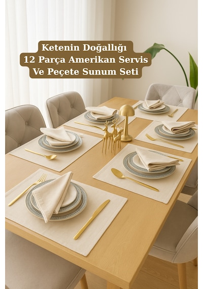Lınen 12 Adet Organik Ham Yıkanmış Keten Amerikan Servis Ve Servis Peçetesi Sofra Sunum Takımı Bej