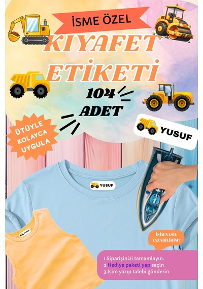 İsme Özel 104'lü Kıyafet Etiketi - 30 Saniyede Ütülü Çözüm - Okul İçin Yıkanabilir İsimlik - Traktör - 743306447 Diğer