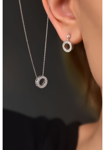 Papatya Silver 925 Ayar Gümüş Rodyum Kaplama Yuvarlak Kolye ve Küpe Set