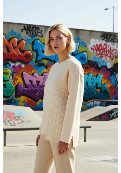 Benerly Kadın Bisiklet Yaka Düşük Kol Relaxed Triko Detaylı Sweatshirt Fo Taş