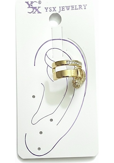 Earcuff Sıkıştırmalı Çelik Kıkırdak Küpe Çift Sıra Bantlı Halka Detaylı Zirkon Taşlı Altın Renk