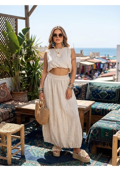 Fashion Cocktail Dökümlü Artisan Dokulu Hacimli Bel Lastikli Comfort Bohem Kolsuz Aksesuarsız Crop Etek İkili Takım Ekru Fashion Cocktail Dökümlü Artisan Dokulu Hacimli Bel Lastikli Comfort Bohem Kolsuz Aksesuarsız Crop Etek İkili Takım Ekru
