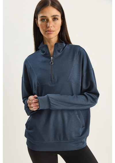 Shade Kadın Dik Yaka Yarım Fermuarlı Cep Detaylı Oversize Modal Sweatshirt 60601053 - Füme