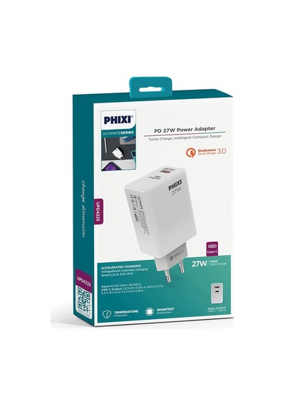 Phixi Ultimate UPD4225 27W PD Çift Çıkışlı Hızlı Şarj Adaptörü