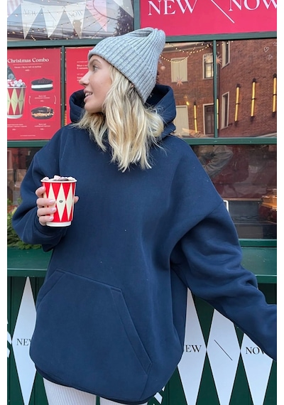 Madmext Lacivert Kapüşonlu Şardonlu Oversize Sweatshirt Mg1566 Lacivert