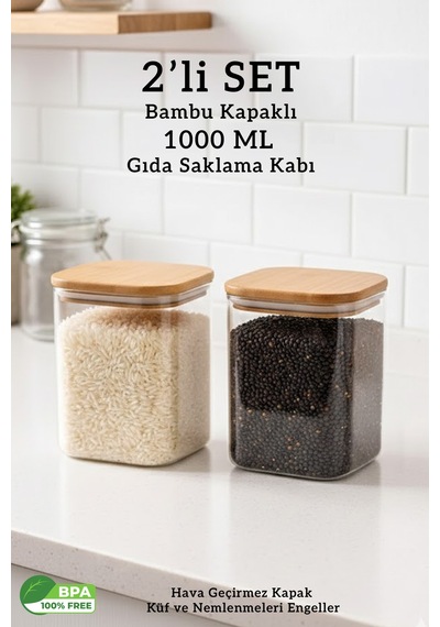 Bambu Kapaklı 2 Li Kare Hava Geçirmez Bakliyat Gıda Çok Amaçlı Saklama Kabı - 1000 Ml Şeffaf