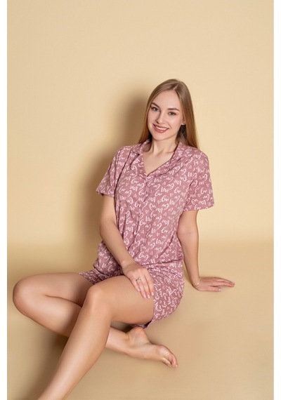 SUDE HOMEWEAR Kadın Gömlek Şort Desenli Pijama Takımı Mor