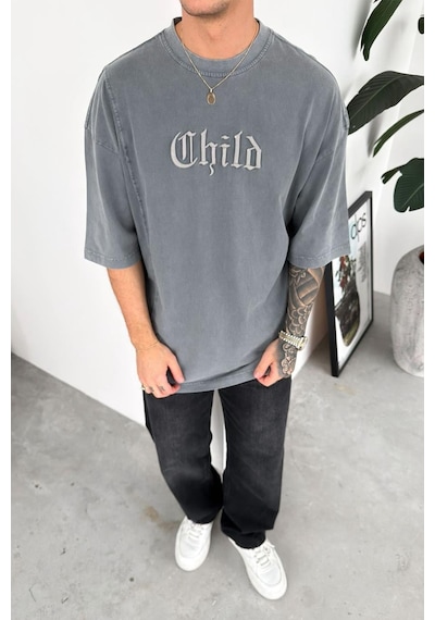 Gri Child Nakış Detay Oversize Tişört