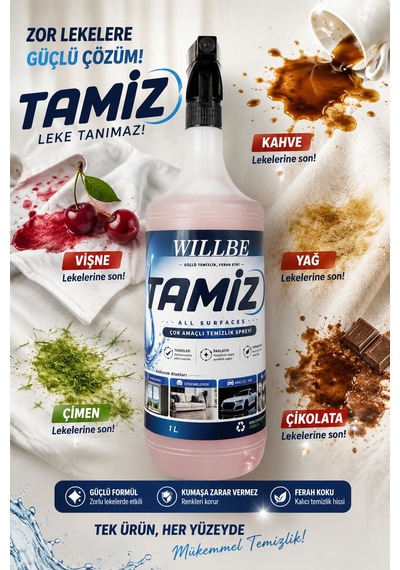 Willbe Tamiz Çok Yüzeyli Temizlik Spreyi Leke Çıkarıcı Yağ Çözücü 1l All Surfaces