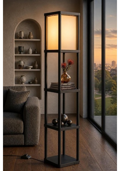 Lambaderyn Siyah Raflı Lambader 135 Cm, Kitaplıklı Ve Sehpalı Ayaklı Lamba, 23x23 Cm 3 Raflı Dekoratif Köşe Aydınlatması, E27 Duy Uyumlu Salon, Genç Odası Ve Çalışma Odası İçin Diğer
