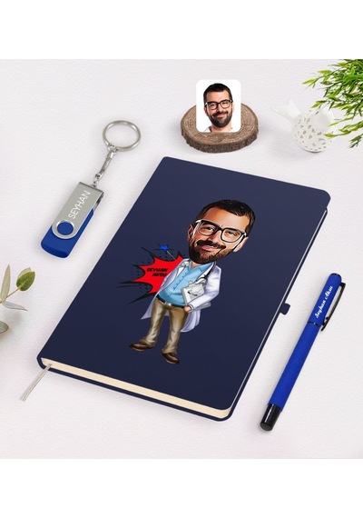 Kişiye Özel Erkek Baş Hekim Karikatürlü Lacivert Defter Kalem 32G